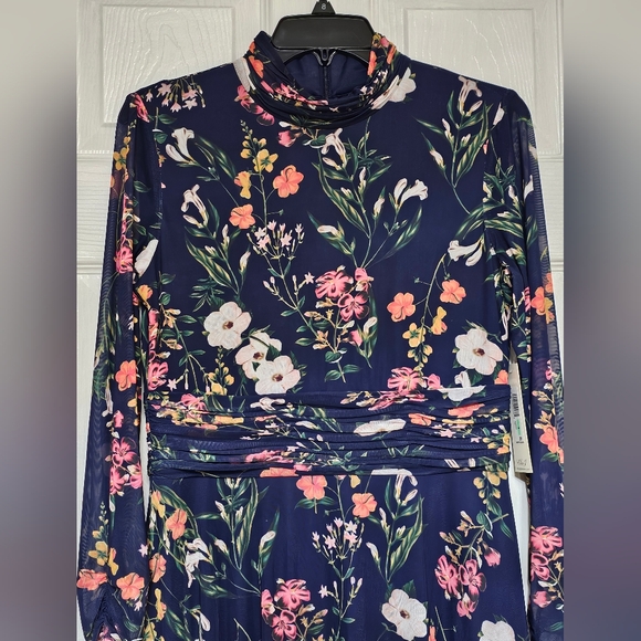Eliza J Floral Long Sleeve Mesh Dress Navy Multicolored NWT - Picture 3 of 11